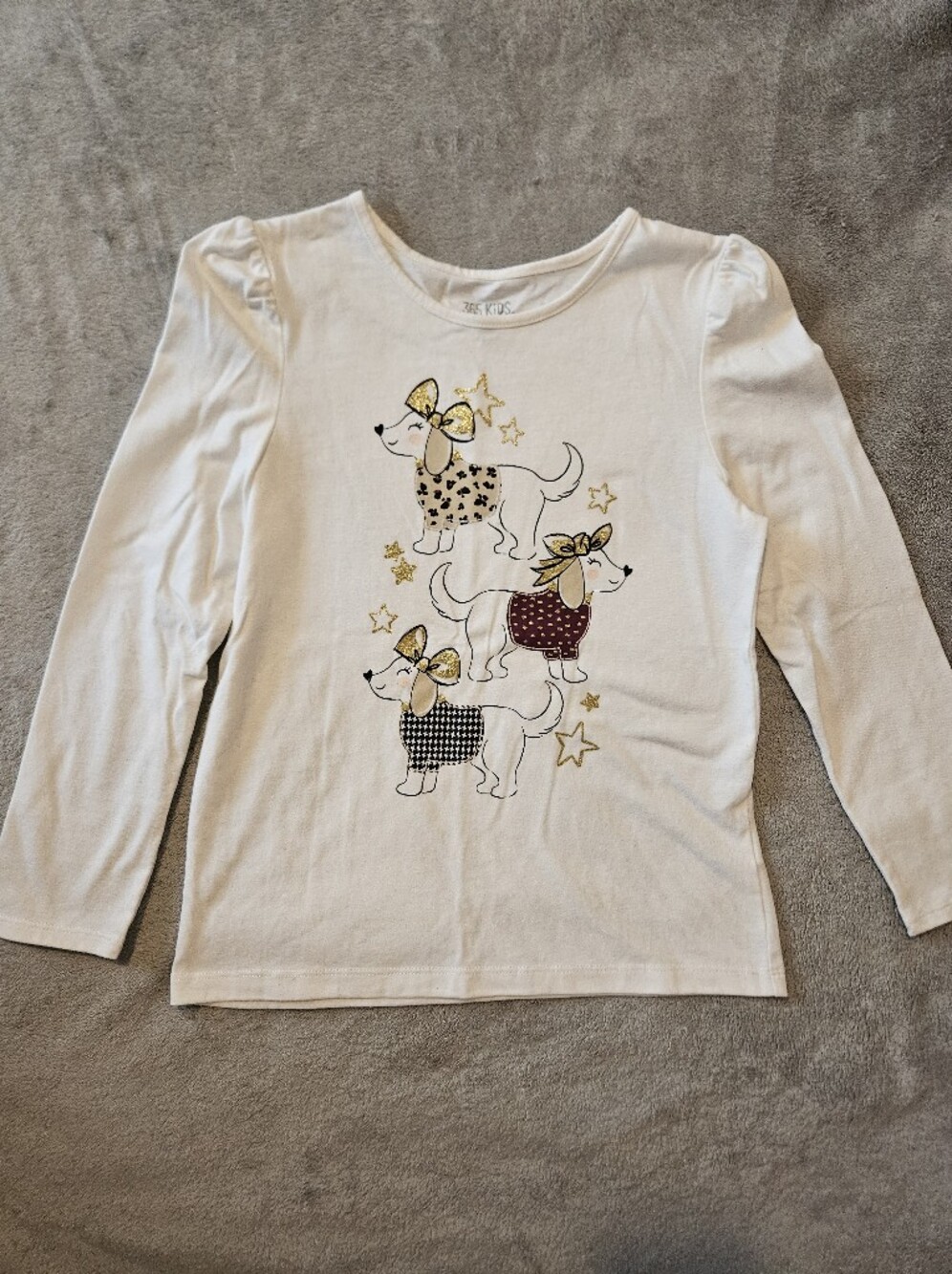 White Long Sleeve Girls Tee with Sparkly Dogs